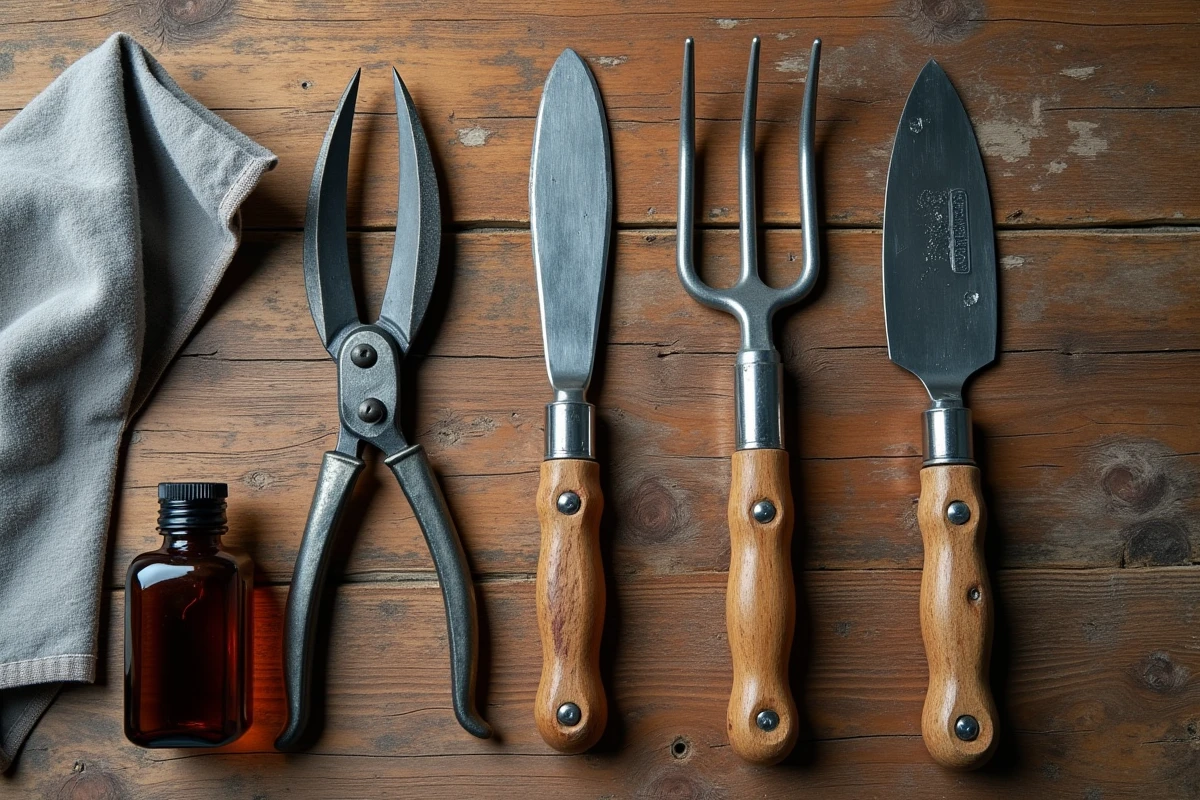 Outils de jardinage huilés à l'huile minérale disposés sur une surface en bois patiné, avec flacon d'huile