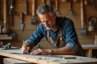 Charpentier expérimenté mesurant une planche en bois avec des outils manuels traditionnels dans un atelier artisanal