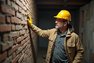 Ouvrier du bâtiment inspectant un mur en briques fissuré et affaissé dans un sous-sol