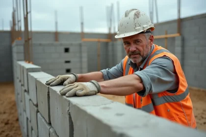 Ouvrier posant un parpaing de 20 cm sur un mur en construction sur un chantier extérieur