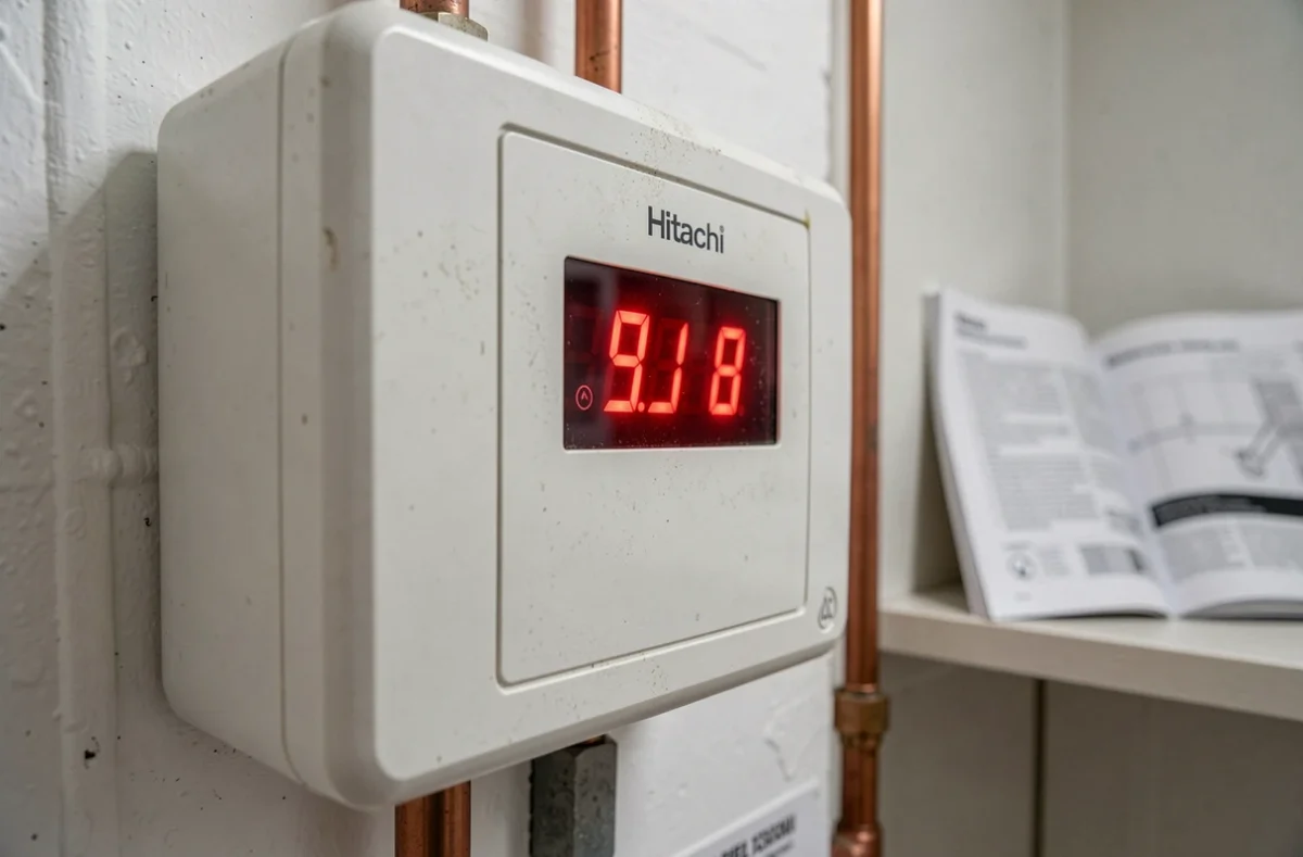 Écran de contrôle d'une pompe à chaleur Hitachi affichant un code erreur critique en rouge