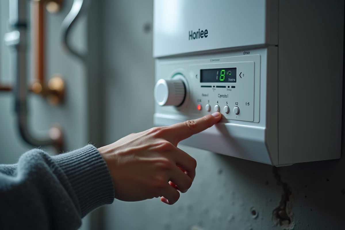 Gros plan sur le panneau de commande numérique d'une chaudière électrique lors d'une opération de maintenance
