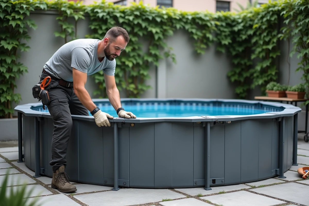 Pose de panneaux composites gris autour d'une piscine hors sol dans un jardin urbain