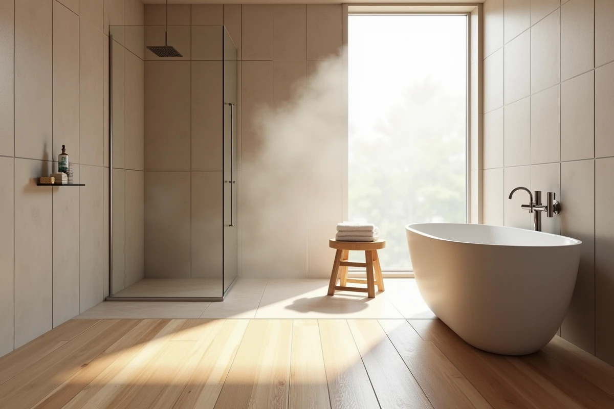 Parquet bambou composite dans une salle de bains style spa avec douche à l'italienne et sol résistant à l'humidité