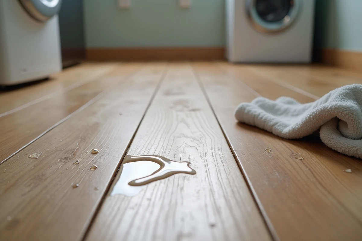 Gros plan sur un parquet en chêne traité hydrofuge avec gouttes d'eau dans une buanderie