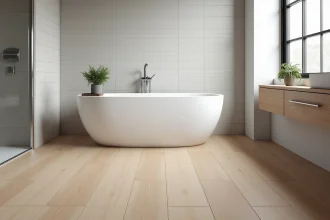 Parquet vinyle imitation bois dans une salle de bain moderne avec baignoire blanche et carrelage gris