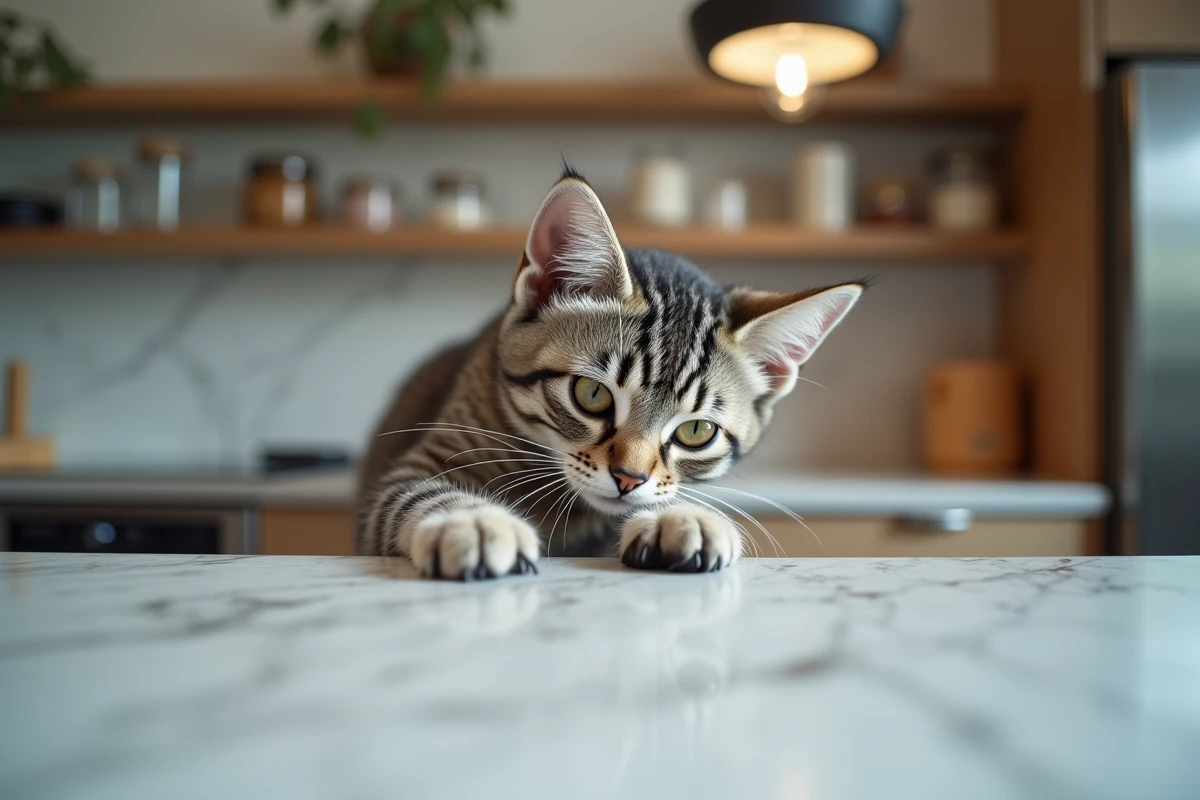 Gros plan des pattes d'un chat agrippant le bord d'un plan de travail en marbre dans une cuisine moderne