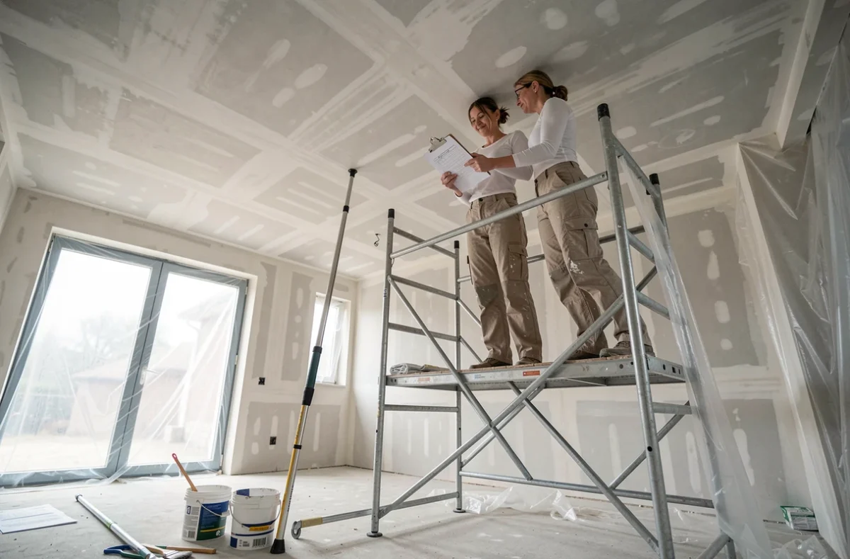 Peintre professionnelle sur échafaudage consultant un devis pour peindre un plafond de 50m2 dans une maison neuve