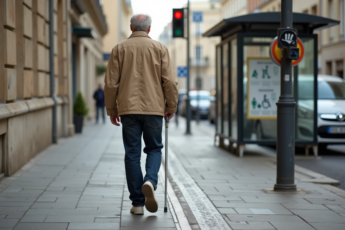 Homme malvoyant utilisant une canne blanche sur un trottoir urbain équipé de bandes podotactiles et d'aménagements PMR