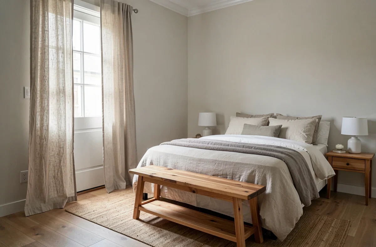 Petite chambre avec banc en bout de lit et rideau devant la porte
