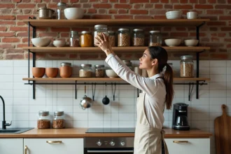 Petite cuisine d'appartement optimisée avec étagères ouvertes et rangements verticaux astucieux