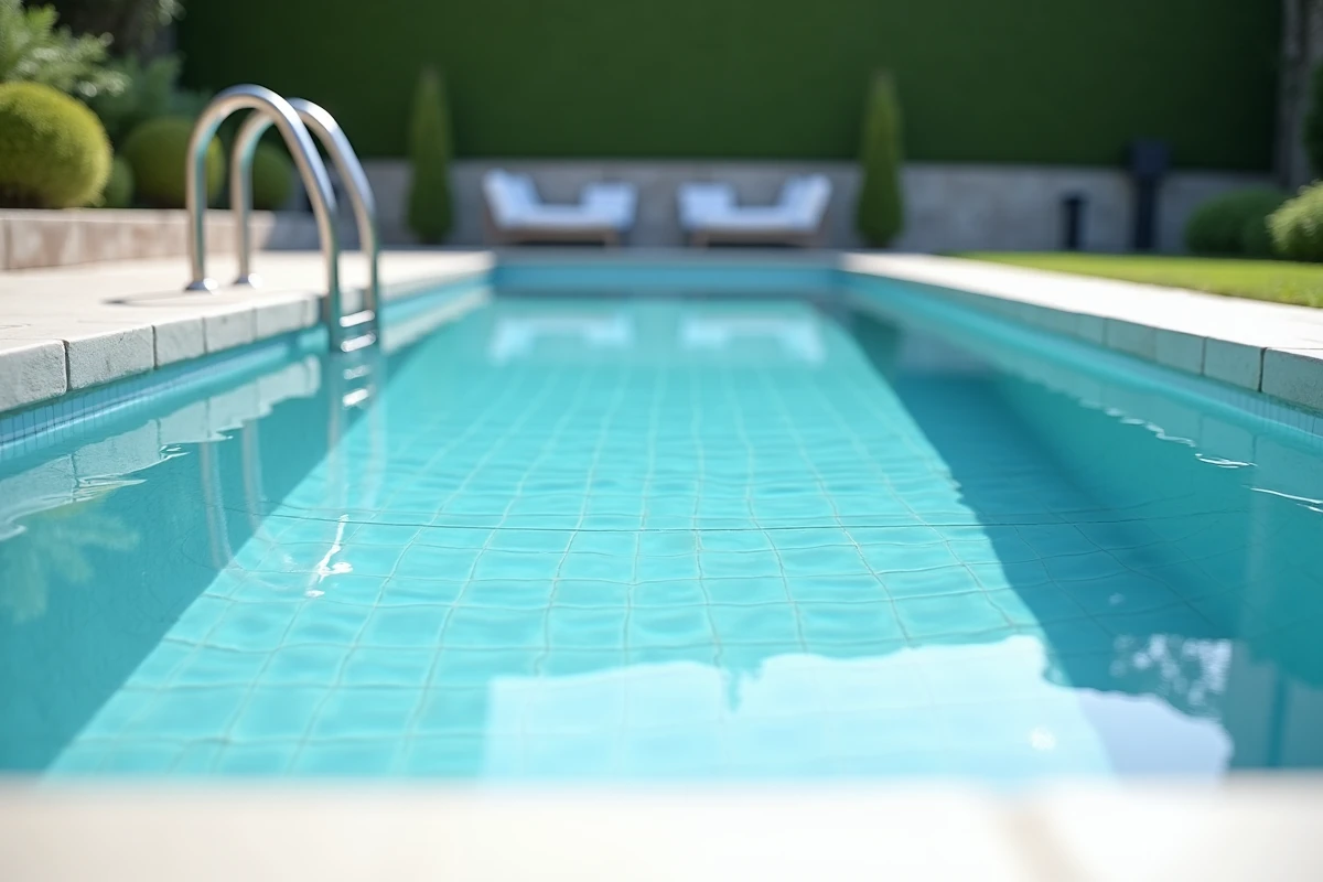 Piscine privée extérieure avec carrelage blanc et bleu conforme aux normes de sécurité et d'hygiène
