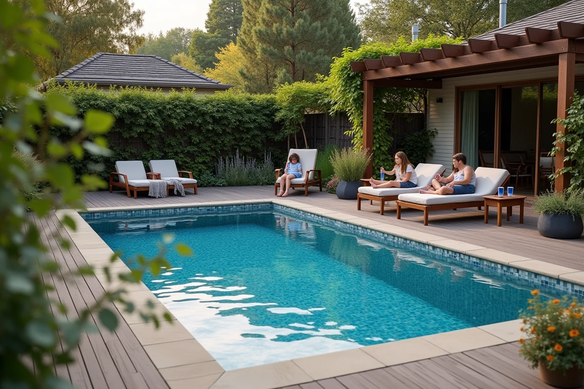 Famille profitant d'une piscine enterrée avec carrelage mosaïque et terrasse composite dans un jardin moderne