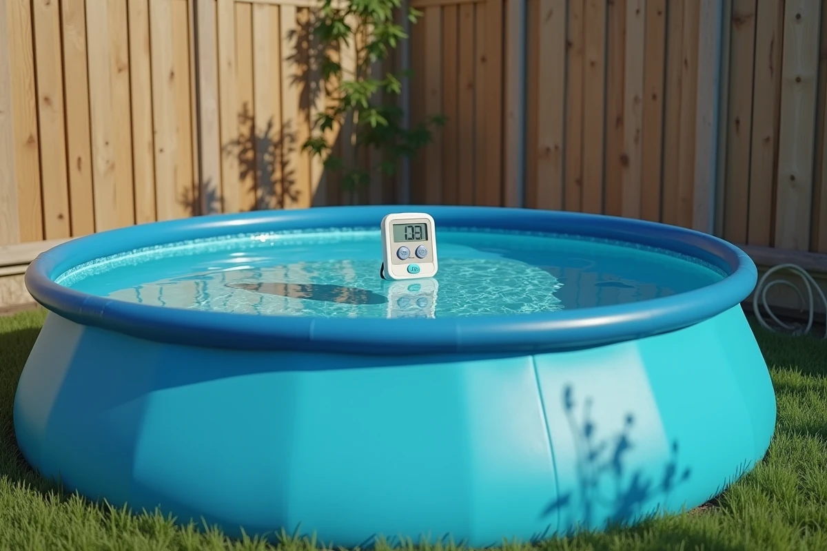 Piscine hors sol gonflable avec thermomètre flottant dans un jardin résidentiel