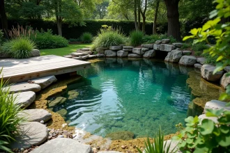 Piscine naturelle de taille moyenne avec zone de filtration végétale et plage en galets dans un jardin privé