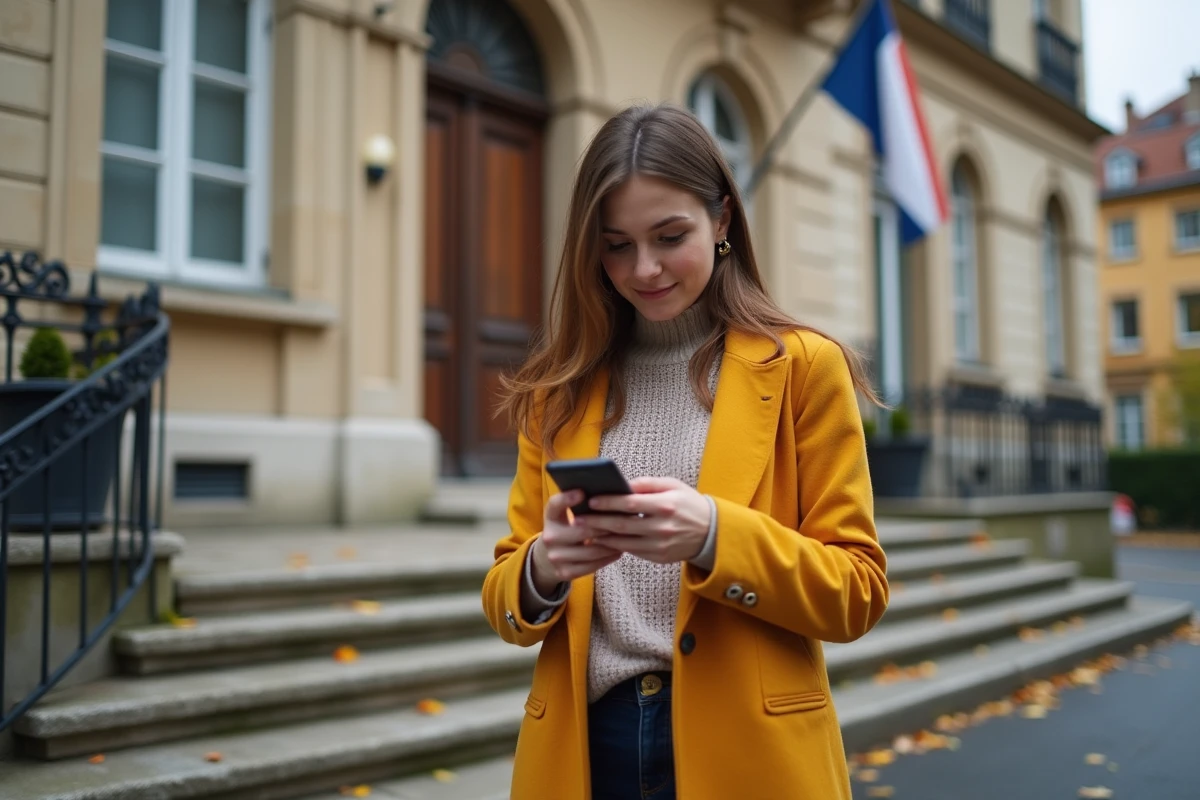 Jeune femme utilisant son smartphone pour déposer une plainte en ligne sur le site de la mairie