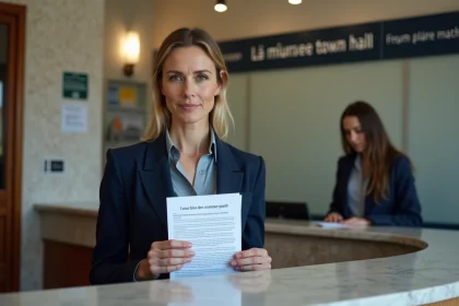 Femme déposant une plainte en mairie au guichet d'accueil municipal