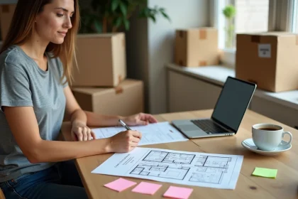 Femme planifiant un déménagement avec des listes et un ordinateur portable sur une table en bois
