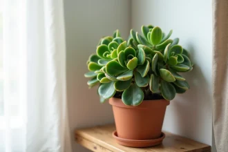 Plante de jade en pot en terre cuite sur une étagère en bois, plante porte-bonheur pour attirer l'argent et la prospérité
