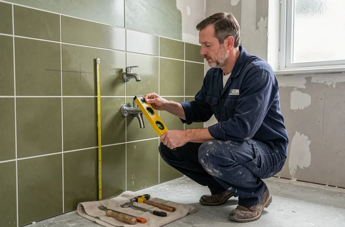 Plombier mesurant la hauteur d'installation d'un mitigeur de douche chromé sur carrelage vert olive lors d'une rénovation de salle de bain