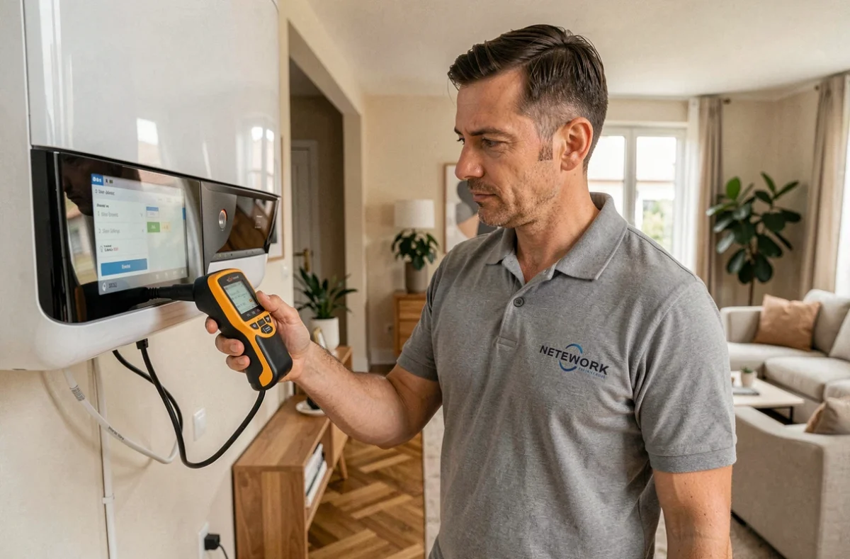 Technicien du réseau Plus que pro diagnostiquant une unité intérieure de climatisation réversible dans le Rhône