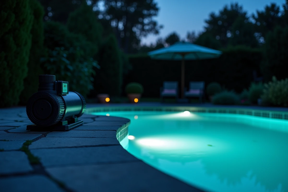 Pompe de piscine en fonctionnement la nuit avec minuterie numérique et éclairage LED de l'eau