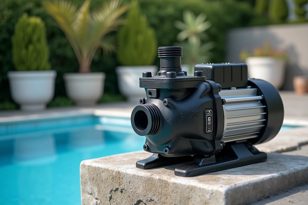 Pompe de piscine à vitesse variable avec affichage numérique de consommation électrique installée en extérieur