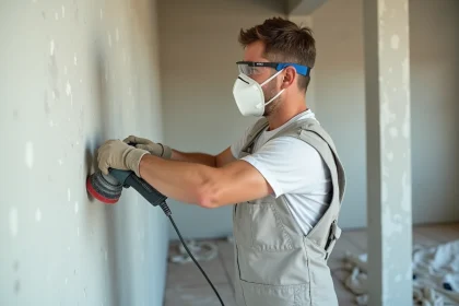 Professionnel en combinaison de travail utilisant une ponceuse murale orbitale sur un mur en plâtre lors d'une rénovation intérieure