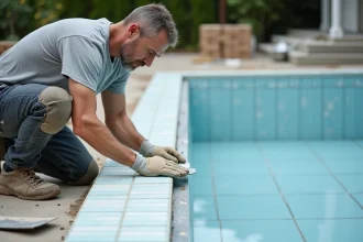 Carreleur professionnel posant du carrelage de piscine conforme aux normes sur un bassin en construction