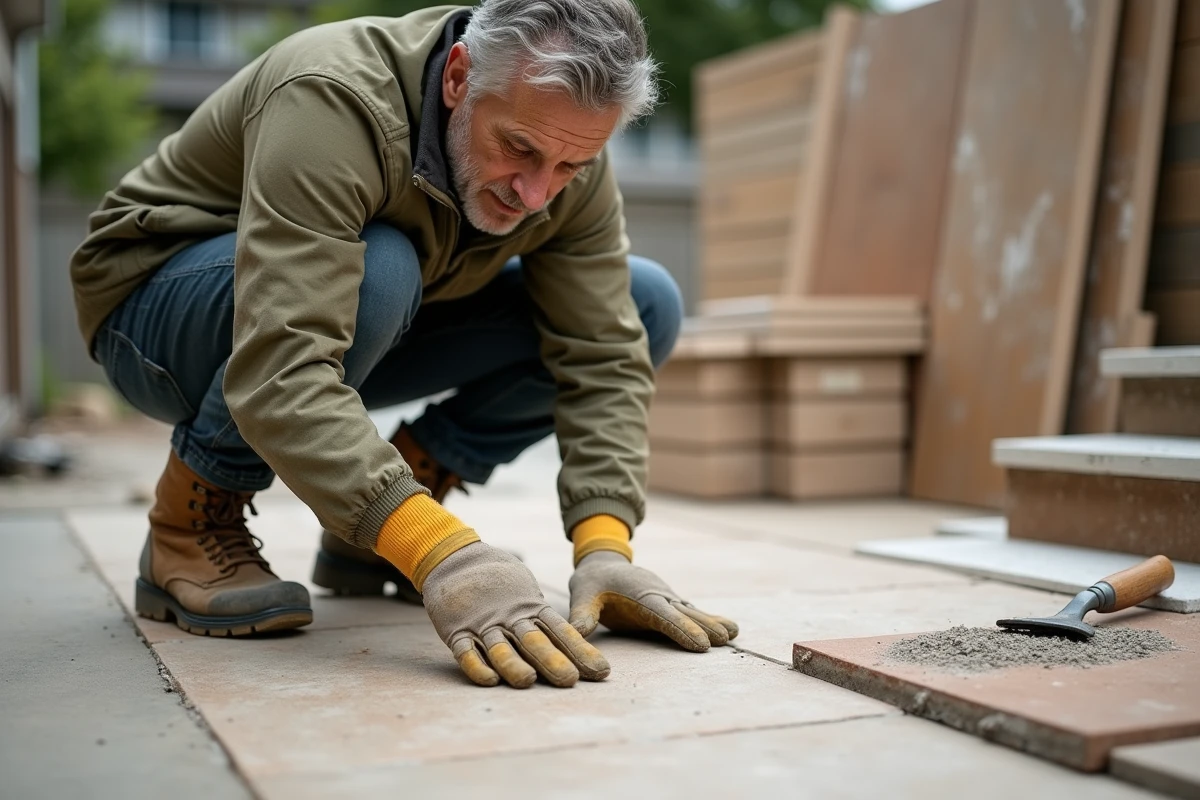 Artisan posant des dalles en grès cérame antidérapant sur une terrasse extérieure en cours d'aménagement