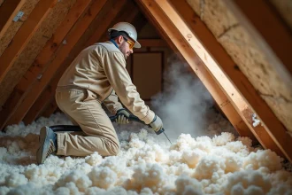 Artisan soufflant de la ouate de cellulose dans les solives d'un grenier avec une machine professionnelle