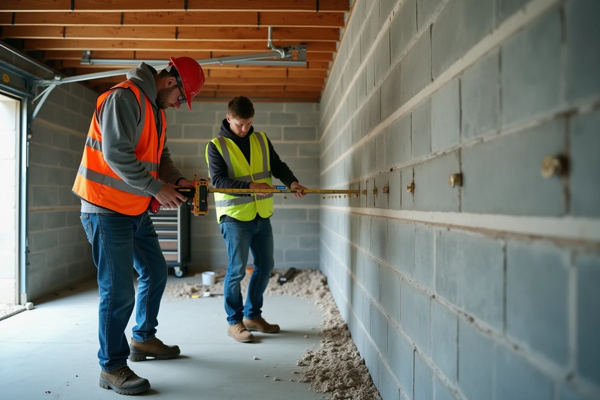 Deux professionnels du bâtiment posant des tirants métalliques et des sangles en fibre de carbone sur un mur en parpaings affaissé dans un garage