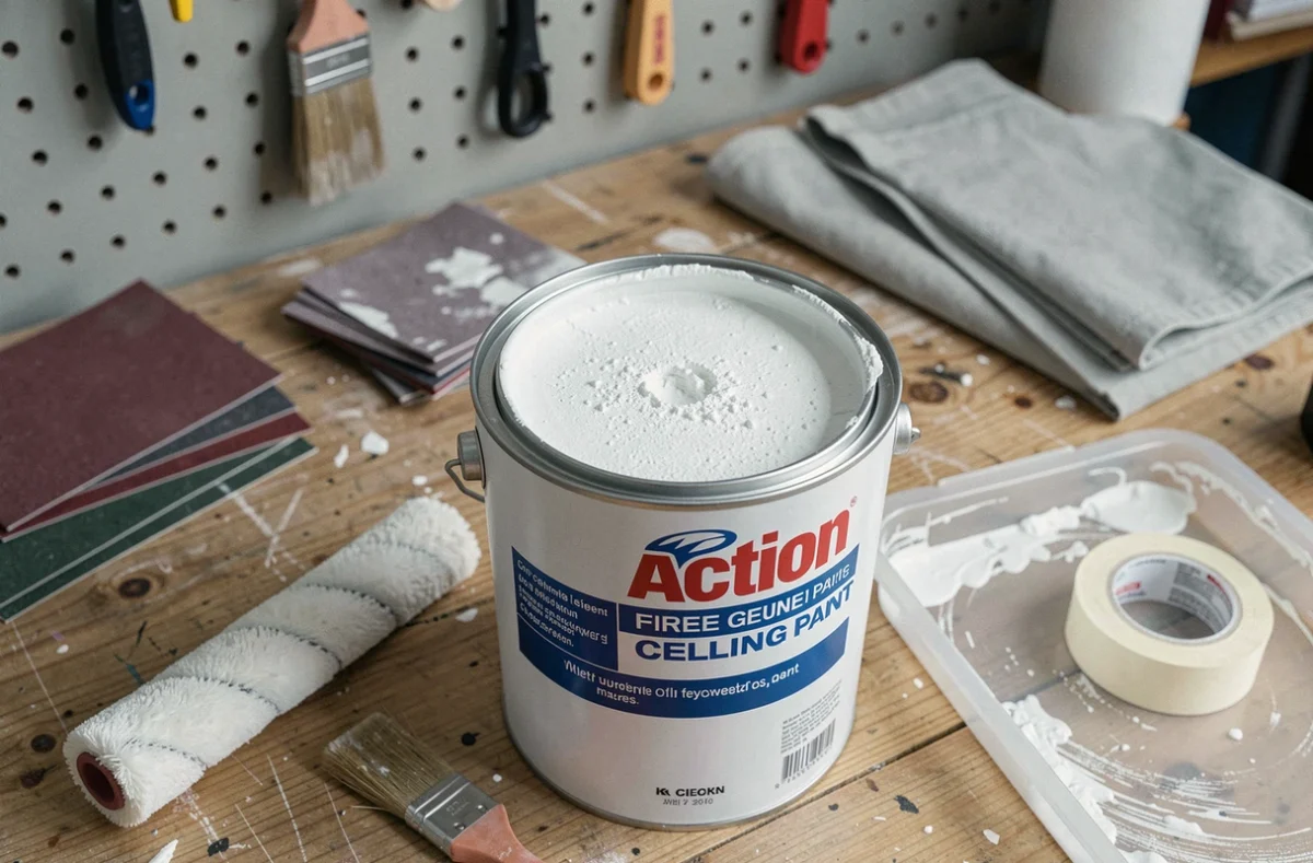 Pot de peinture blanche pour plafond ouvert avec rouleau et pinceau sur un établi de bricolage