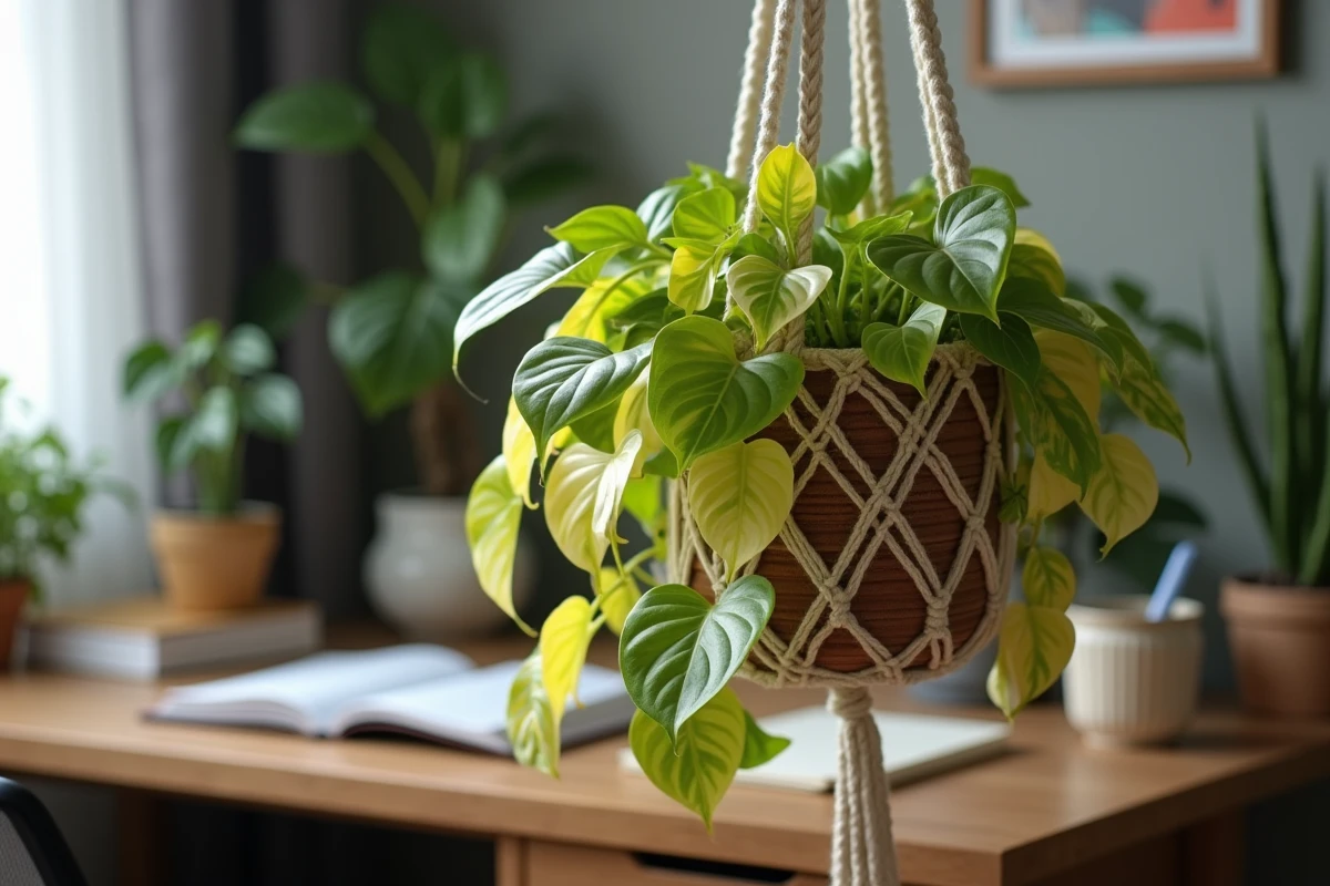 Pothos doré suspendu dans un bureau à domicile, plante porte-bonheur symbolisant l'abondance financière