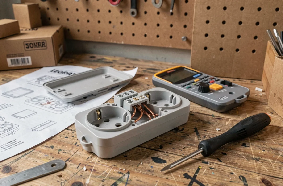 Prise électrique Legrand double démontée sur un établi avec câblage cuivre visible et outils de bricolage