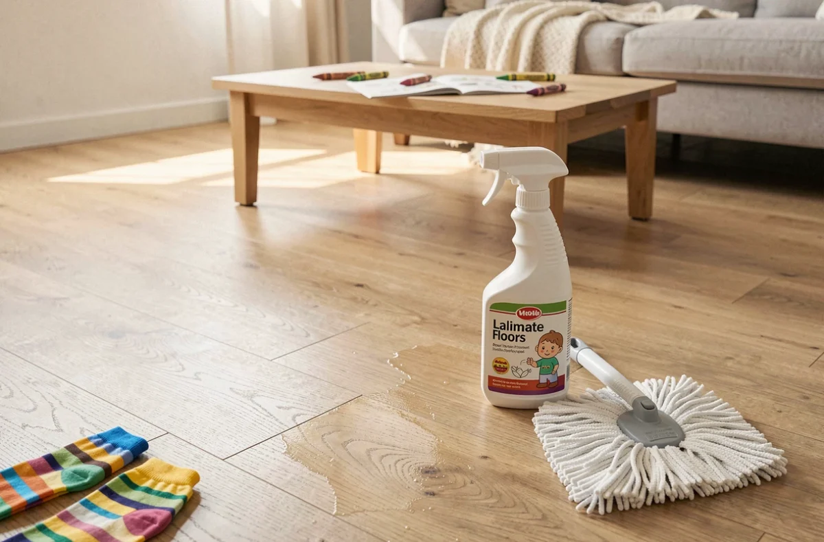Produits de nettoyage pour parquet stratifié posés sur le sol avec des enfants visibles en arrière-plan dans un salon familial