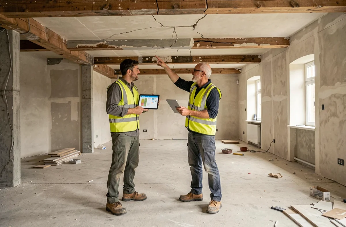 Deux professionnels du bâtiment consultant un guide tarifaire de rénovation sur tablette dans une maison en chantier