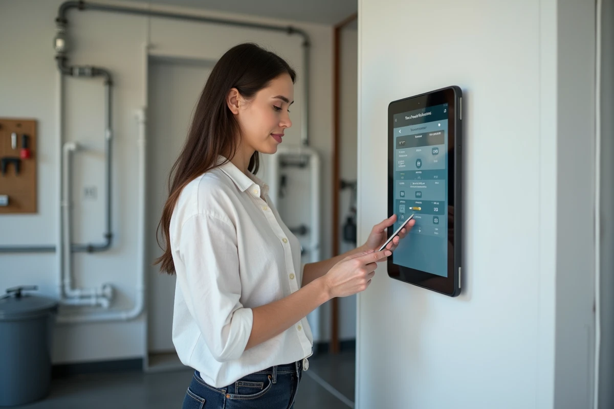 Femme programmant une pompe de piscine à vitesse variable sur une tablette domotique pour économiser de l'énergie