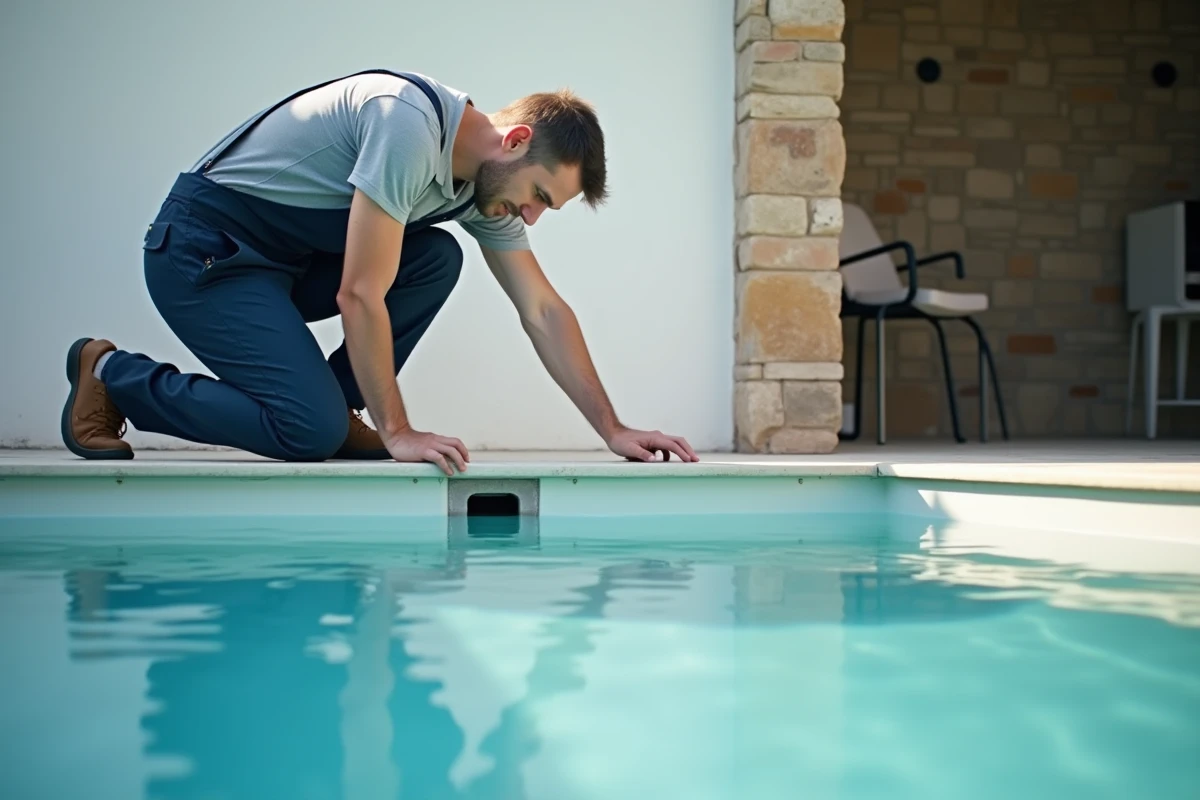 Technicien inspectant un projecteur halogène subaquatique encastré dans la paroi d'une piscine, gros plan sur le luminaire et le professionnel en combinaison de travail