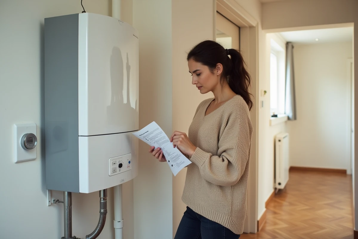 Propriétaire vérifiant la liste d'entretien de sa chaudière électrique dans un couloir d'appartement moderne