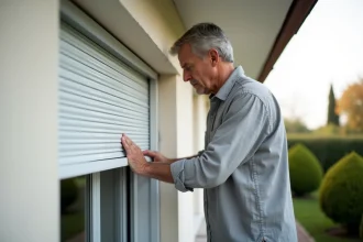 Propriétaire inspectant un volet roulant PVC blanc installé sur une fenêtre de maison individuelle