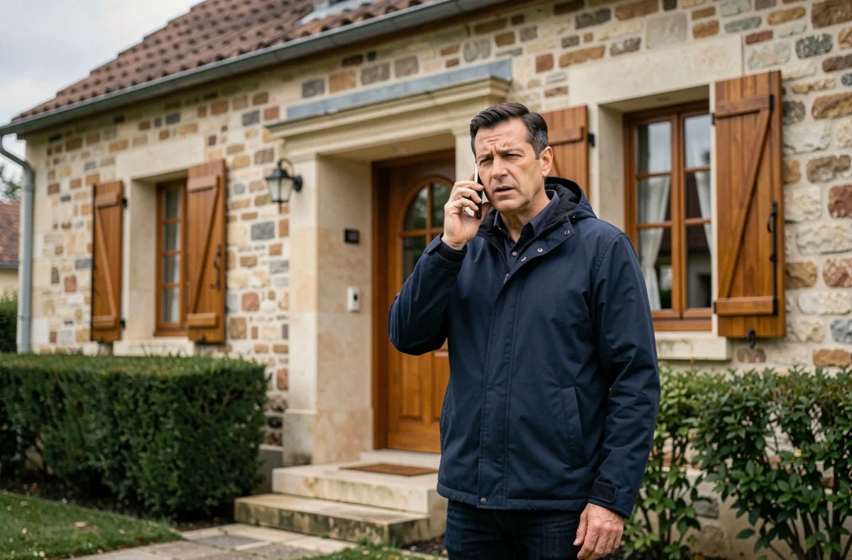 Propriétaire d'une maison de 120m2 au téléphone devant sa façade, discutant de son assurance habitation