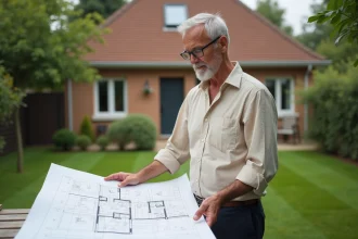 Propriétaire consultant des plans de construction dans son jardin pour un projet d'extension sans permis de construire