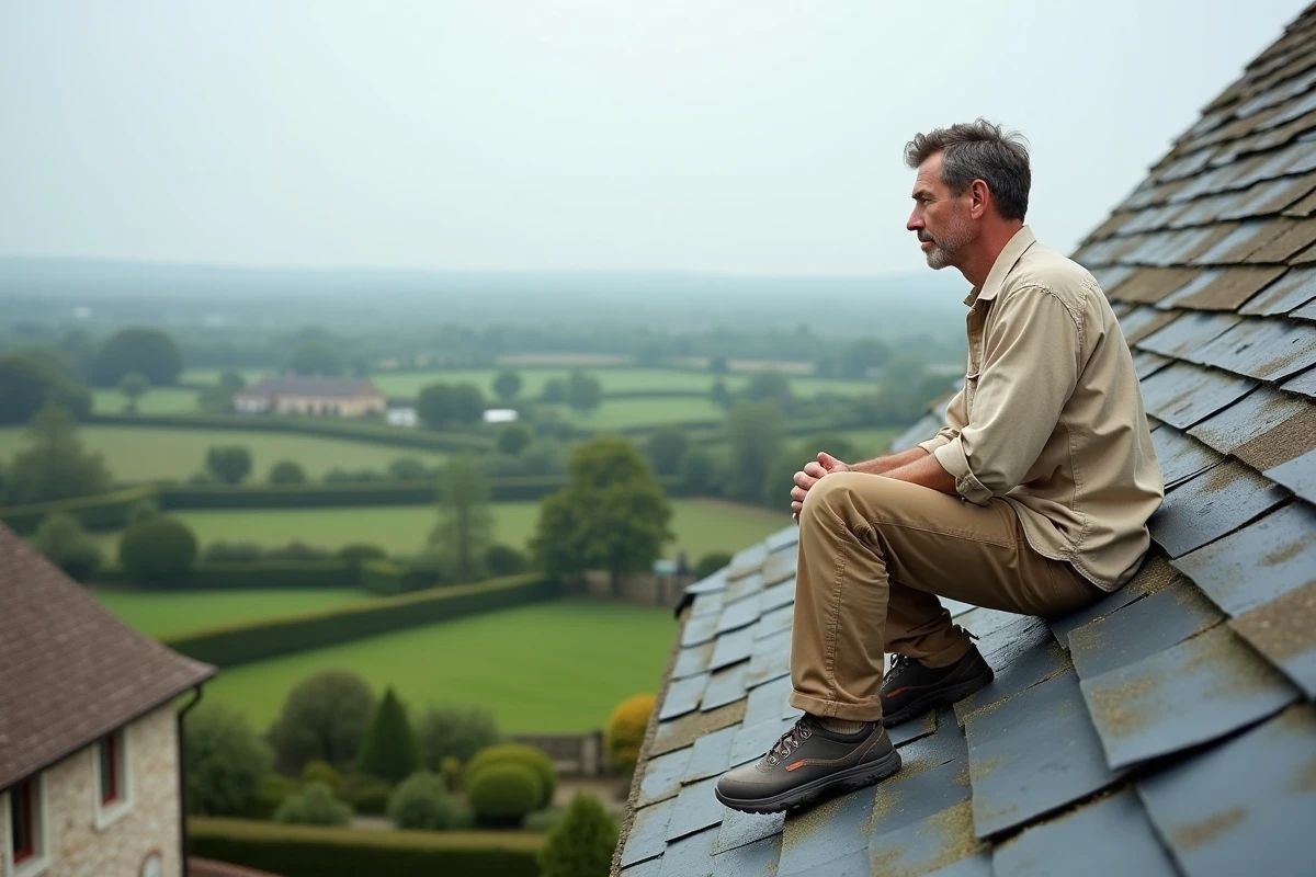Propriétaire assis prudemment sur le bord d'un toit en ardoise d'une maison de campagne française avec vue sur les champs