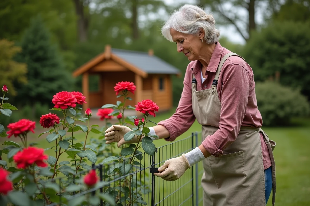 Une femme installant une clôture anti-cerfs autour d'un rosier dans son jardin