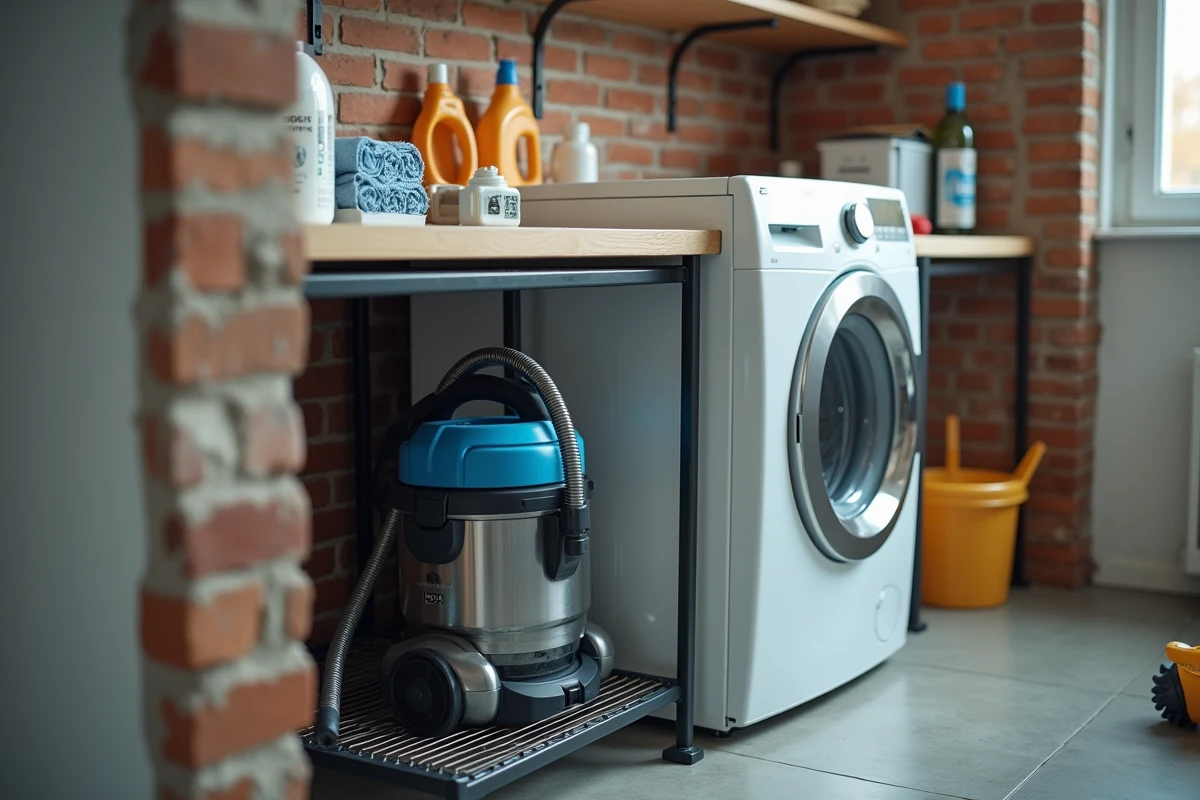 Aspirateur traîneau rangé dans une buanderie domestique sur une étagère métallique