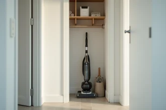 Placard de rangement entrée appartement avec aspirateur vertical rangé contre le mur intérieur