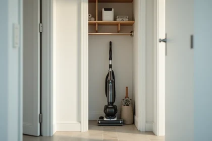 Placard de rangement entrée appartement avec aspirateur vertical rangé contre le mur intérieur
