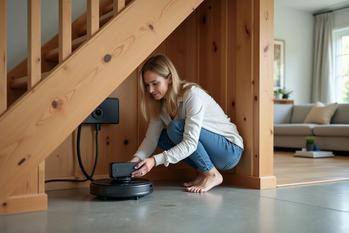Femme rangeant un aspirateur balai dans le sous-escalier d'une maison pavillonnaire