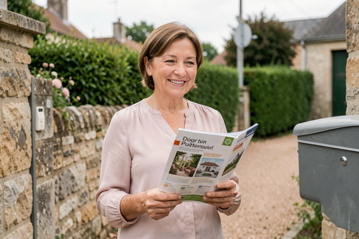 Femme recevant son catalogue Blancheporte dans sa boîte aux lettres devant sa maison